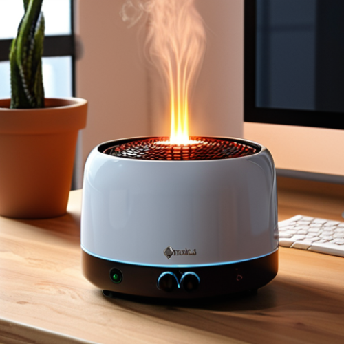 Home 23 **
A modern, compact portable electric heater on a desk in a cozy office setting. The heater is sleek and minimalistic. Soft, warm light illuminates the scene, highlighting the heater's user-friendly design. Arabic calligraphy or a small potted plant can be added to enhance the cultural relevance.
**