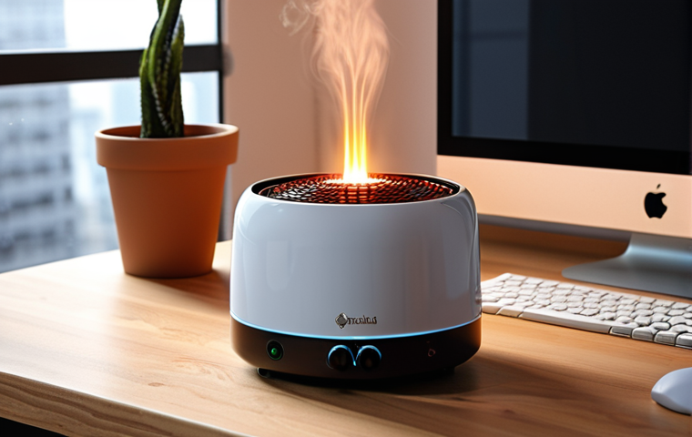 **

A modern, compact portable electric heater on a desk in a cozy office setting. The heater is sleek and minimalistic. Soft, warm light illuminates the scene, highlighting the heater's user-friendly design. Arabic calligraphy or a small potted plant can be added to enhance the cultural relevance.

**