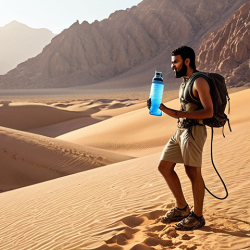 Home 22 **Prompt 1 (Adventure & Purity):**
"A captivating shot of a person (gender neutral, possibly an Arab man or woman) on a challenging mountain hike or amidst a vast, serene desert landscape. They are holding a futuristic, portable water dispenser, cleanly designed, and pouring fresh, sparkling water into a reusable bottle. The scene highlights advanced water purification with visual cues like a pristine, clear liquid stream. The background shows breathtaking natural beauty—rugged mountains or sweeping desert dunes under a warm, golden sunlight. The person's expression conveys deep satisfaction, health, and freedom, emphasizing how the device provides pure hydration even in remote, untouched environments. The device should appear sleek, compact, and high-tech."