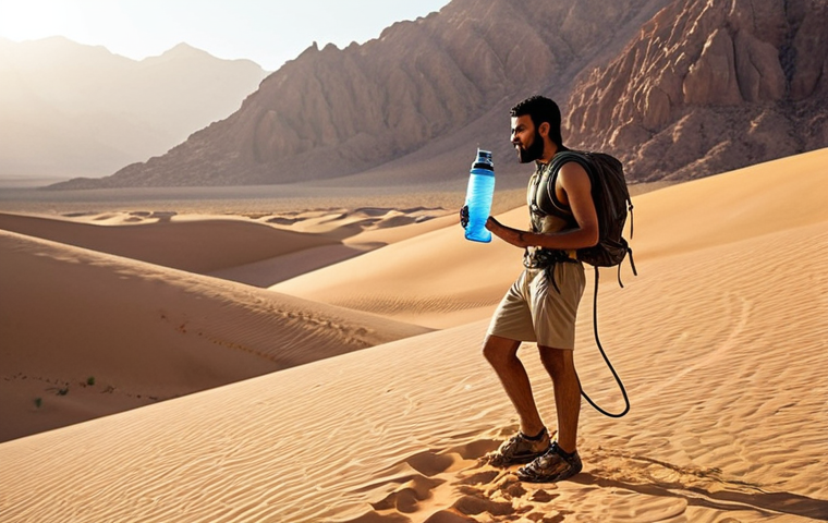 **Prompt 1 (Adventure & Purity):**
    "A captivating shot of a person (gender neutral, possibly an Arab man or woman) on a challenging mountain hike or amidst a vast, serene desert landscape. They are holding a futuristic, portable water dispenser, cleanly designed, and pouring fresh, sparkling water into a reusable bottle. The scene highlights advanced water purification with visual cues like a pristine, clear liquid stream. The background shows breathtaking natural beauty—rugged mountains or sweeping desert dunes under a warm, golden sunlight. The person's expression conveys deep satisfaction, health, and freedom, emphasizing how the device provides pure hydration even in remote, untouched environments. The device should appear sleek, compact, and high-tech."