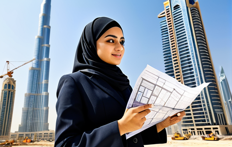 **

A professional Arab architect, wearing a hijab and modest business attire, reviewing blueprints on a construction site in Dubai. Modern skyscrapers in the background under a sunny sky. Perfect anatomy, correct proportions, well-formed hands, appropriate content, safe for work, fully clothed, professional, family-friendly.

**