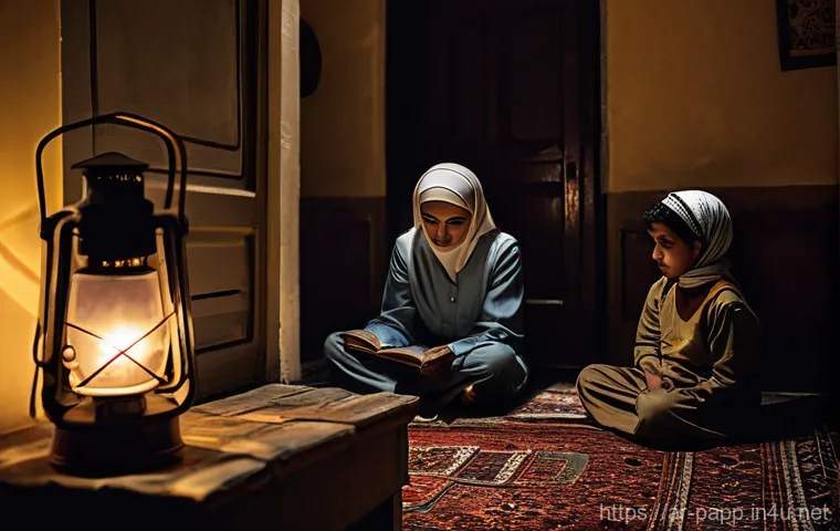 휴대용 라디오 장점 - **Image Prompt: Resilience in the Dark**
"A cozy, dimly lit interior of a traditional Arab home ...