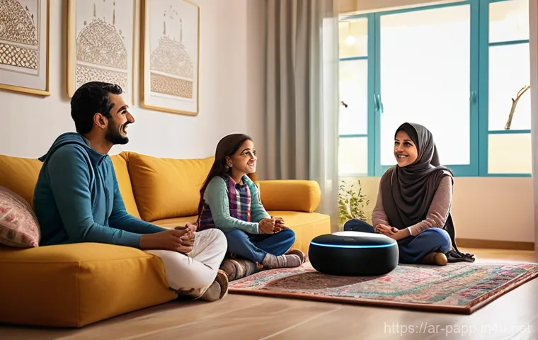스마트 스피커 설정 팁 - **Prompt for image generation:**
    A vibrant, sunlit modern Arab home living room in the morning. ...
