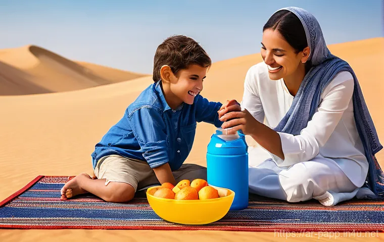 포터블 냉온수기 추천 - **Prompt 1: Family Desert Adventure with Large Cooler**
    A joyous and modest Arab family, consist...
