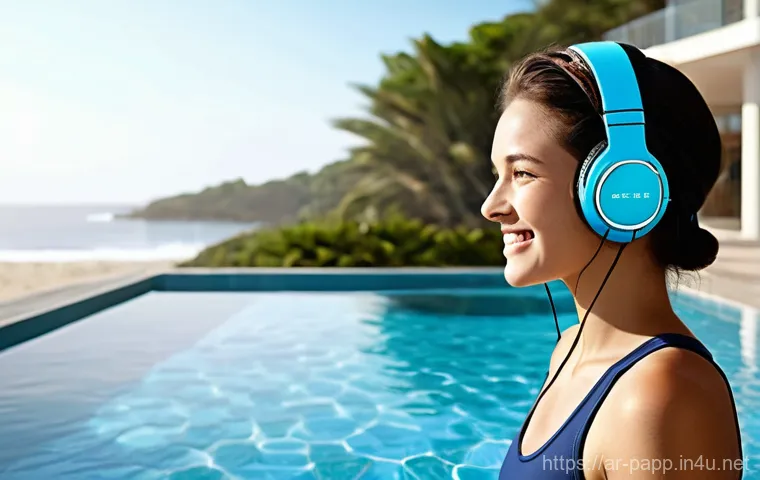 휴대용 무선 스피커 방수 - **Prompt for Beach/Poolside Relaxation:**
    "A young adult, with a radiant smile, is comfortably l...