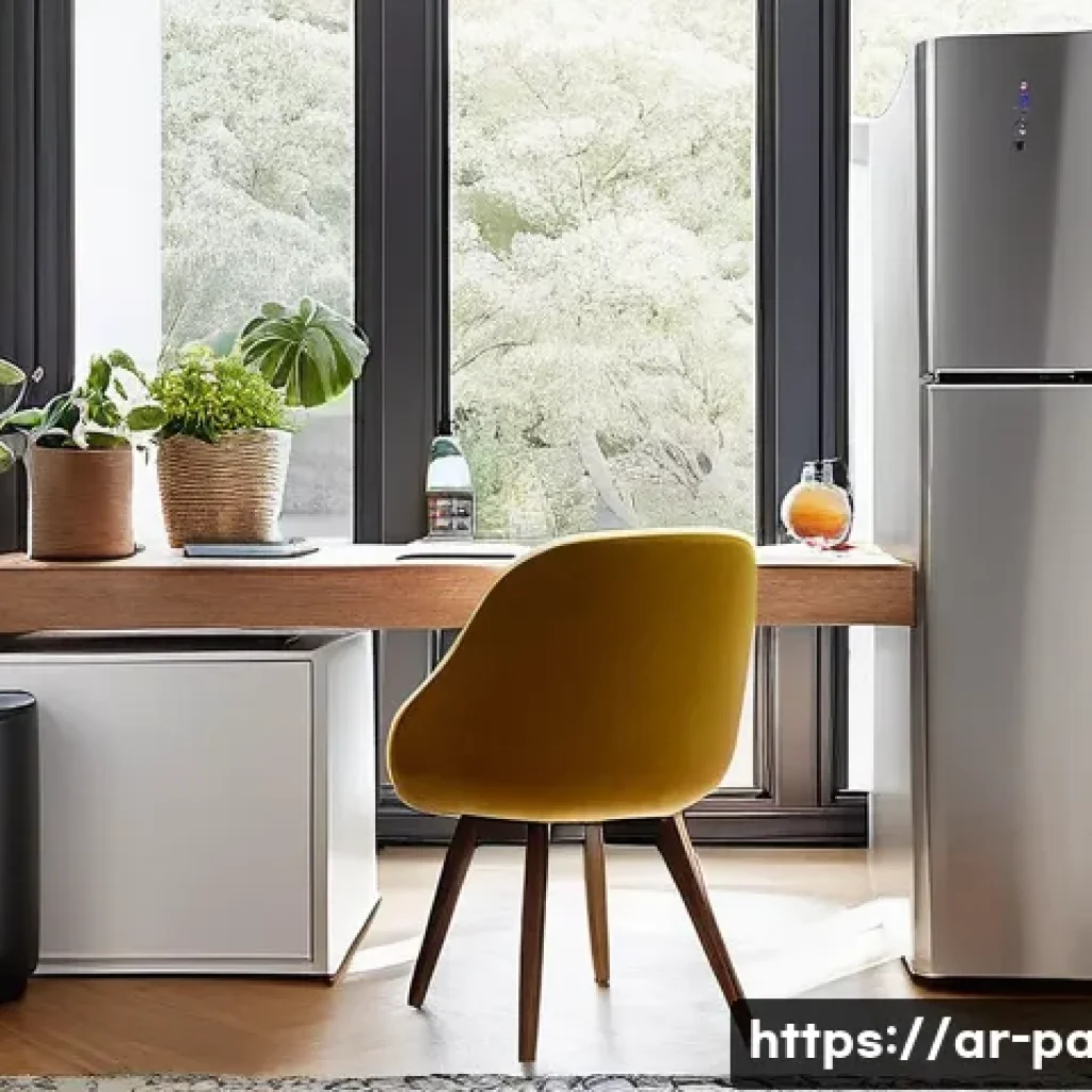 미니 냉장고 활용 사례 - **A Serene Home Office with a Modern Mini-Fridge**
    A wide shot of a contemporary home office bat...