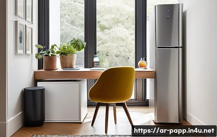 미니 냉장고 활용 사례 - **A Serene Home Office with a Modern Mini-Fridge**
A wide shot of a contemporary home office bat...