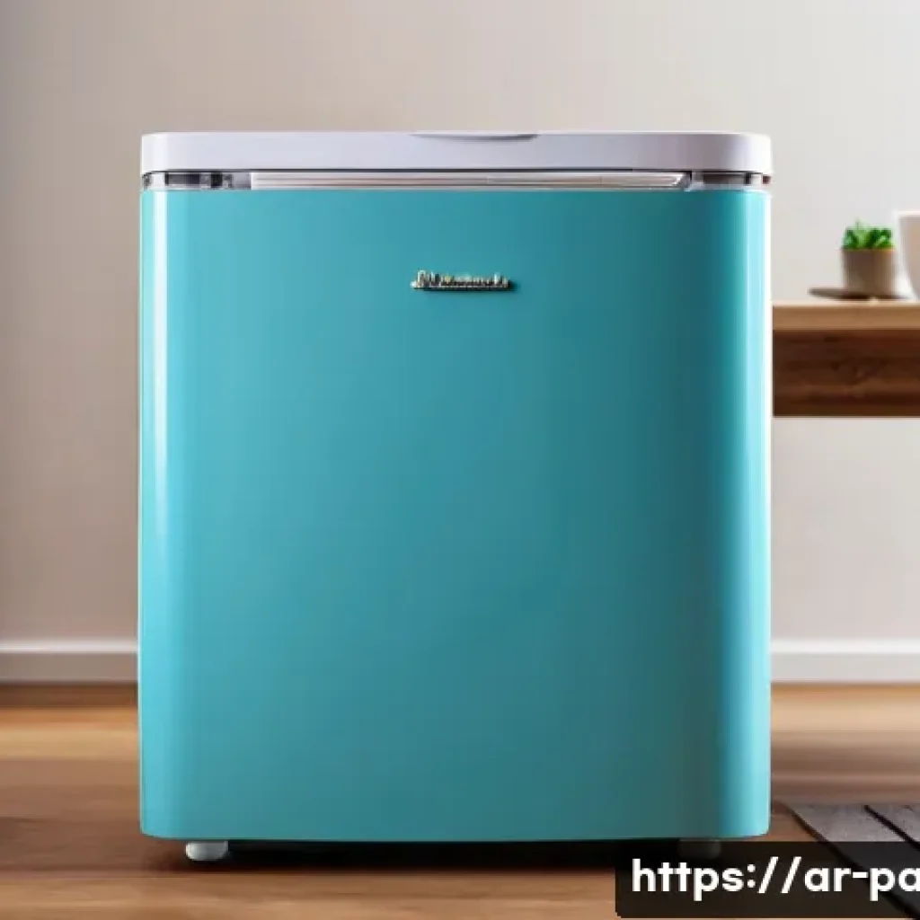포터블 미니 냉장고 - A stylish portable mini fridge with a compact, modern design placed on a small wooden desk in a cozy...