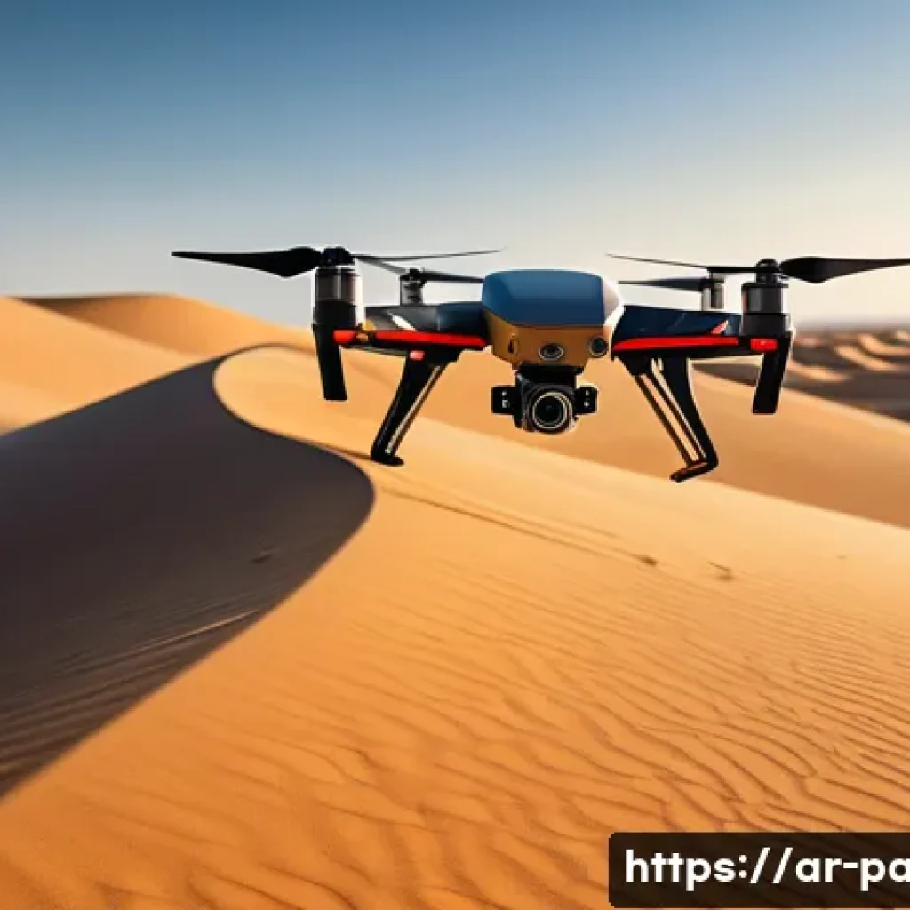 휴대용 드론 카메라 - A high-tech drone flying gracefully above a scenic desert landscape during golden hour, showcasing a...