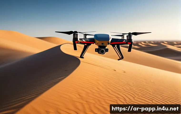 휴대용 드론 카메라 - A high-tech drone flying gracefully above a scenic desert landscape during golden hour, showcasing a...