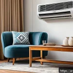 미니 에어컨 전기 소모 - A modern small air conditioner mounted on the wall inside a modestly sized living room typical of a ...