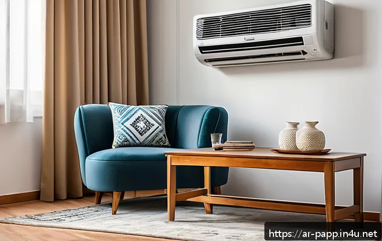 미니 에어컨 전기 소모 - A modern small air conditioner mounted on the wall inside a modestly sized living room typical of a ...