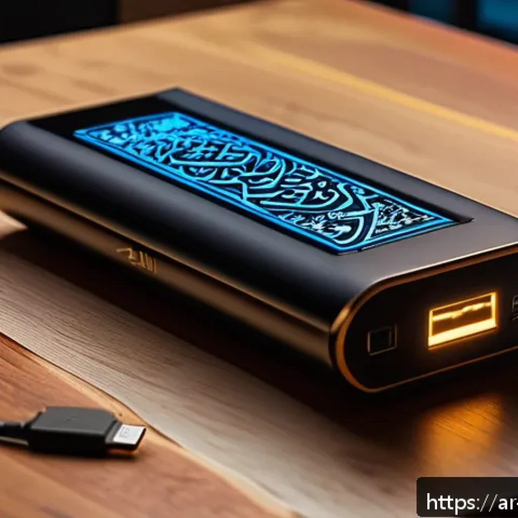 보조 배터리 충전 속도 - A sleek, modern power bank with a digital LED display showing battery percentage, placed on a tradit...