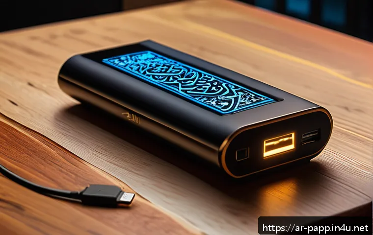 보조 배터리 충전 속도 - A sleek, modern power bank with a digital LED display showing battery percentage, placed on a tradit...