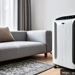 휴대용 냉난방기 추천 - A modern portable air cooler and heater unit placed in a stylish Arabic living room with neutral ton...