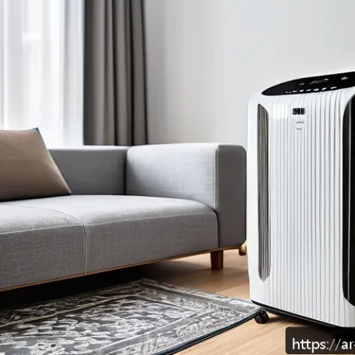 휴대용 냉난방기 추천 - A modern portable air cooler and heater unit placed in a stylish Arabic living room with neutral ton...