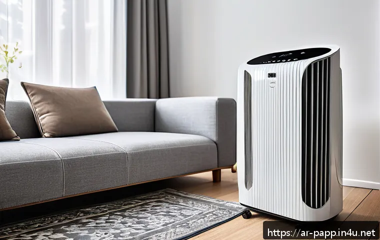 휴대용 냉난방기 추천 - A modern portable air cooler and heater unit placed in a stylish Arabic living room with neutral ton...