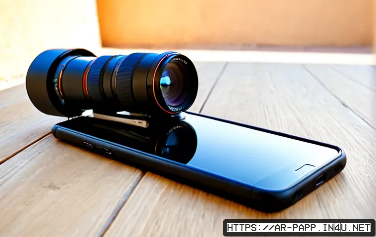 모바일 카메라 렌즈 추천 - Photorealistic close-up of a modern smartphone with three detachable clip-on camera lenses neatly ar...