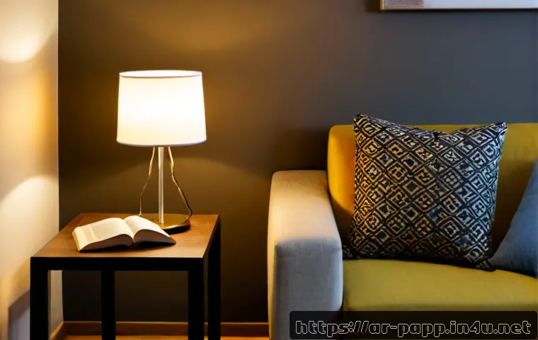 포터블 LED 램프 사용 팁 - Photorealistic evening scene in a modern Arab family living room, a compact portable LED lamp placed...