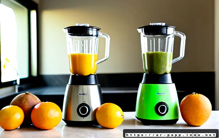 Home 17 휴대용 믹서기 성능 비교 - Photorealistic side-by-side comparison of two unbranded portable blenders on a bright modern kitchen...