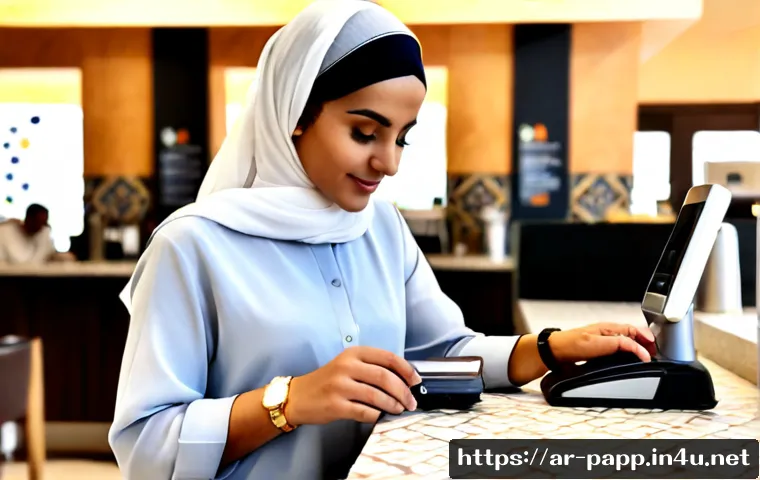 스마트 워치 전자결제 활용 - Photorealistic close-up of an Arab woman wearing modest contemporary clothing and a neutral headscar...