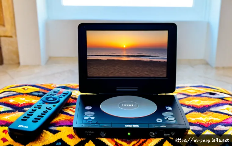 포터블 DVD 플레이어 리뷰 - Photorealistic product review scene of a sleek portable DVD player opened on a tidy living-room coff...