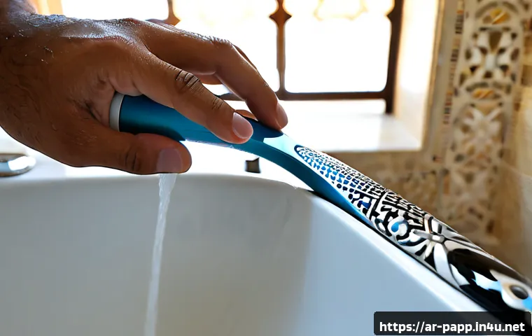 무선 전동 칫솔 사용 팁 - Photorealistic close-up of a cordless electric toothbrush being gently held at a 45-degree angle alo...